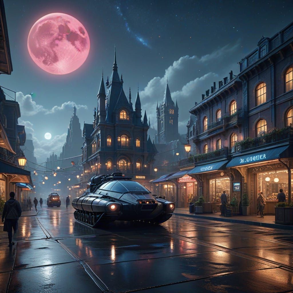 Majestic Steampunk Shopping District at Night