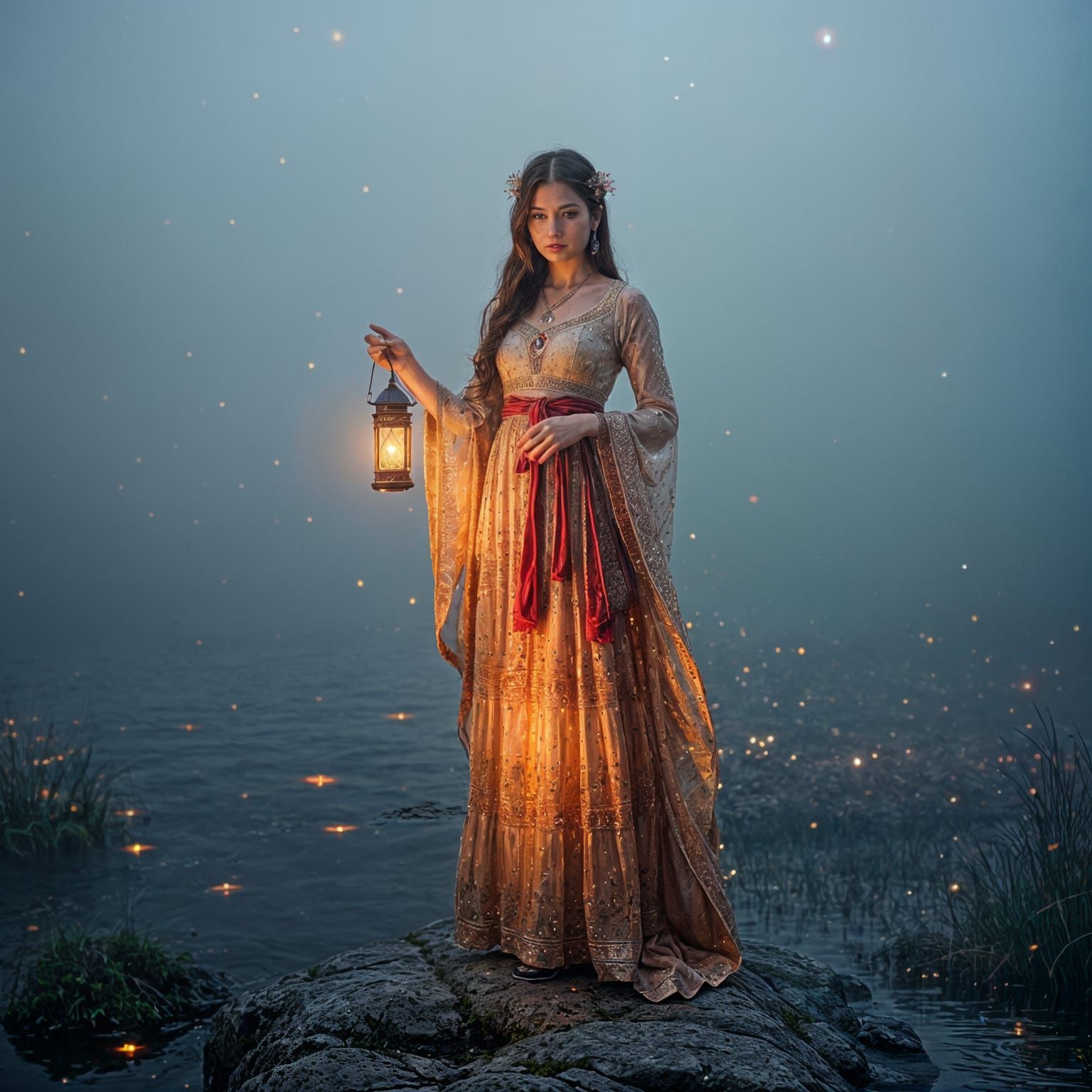 Hyperrealistic Priestess Attracting Fireflies by Lake