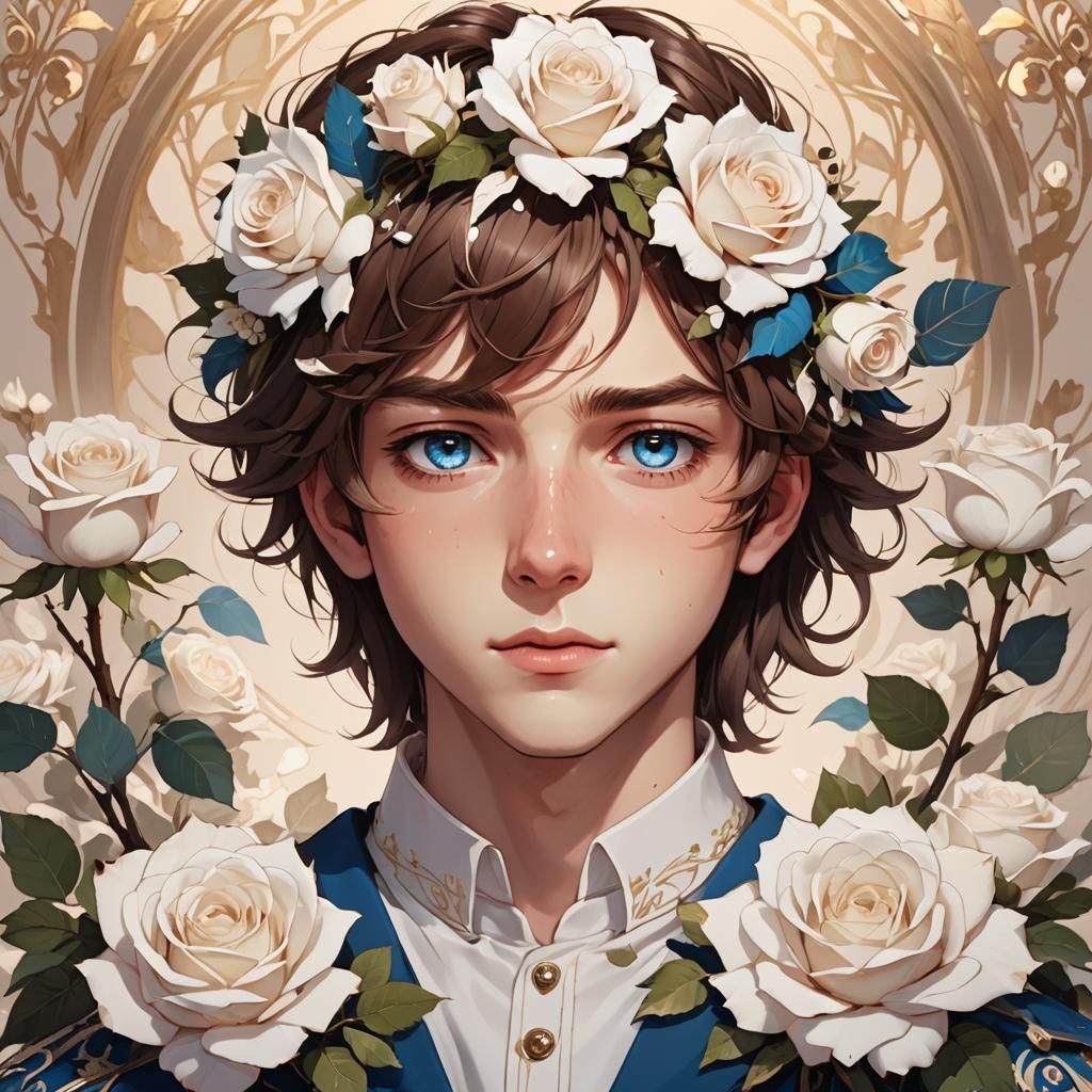 Anime Portrait of Boy with Rose Crown