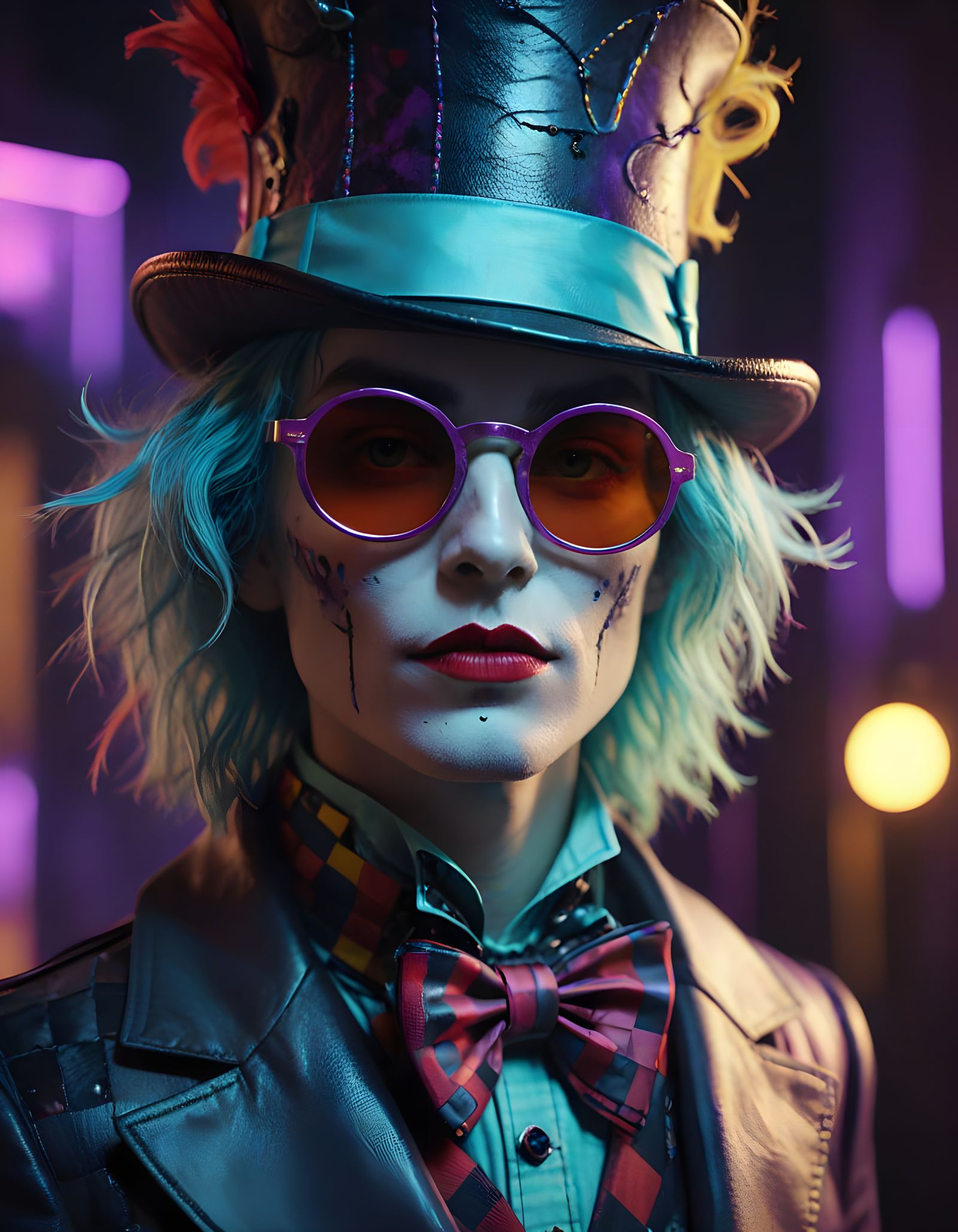 Cyberpunk Mad Hatter in Vibrant, Glitchy, 35mm Film