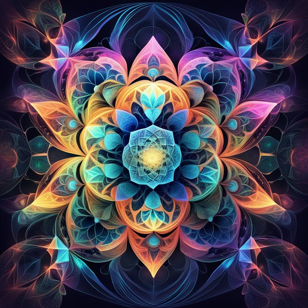 Glowing Crystal Structure in Sacred Geometry Digital Art