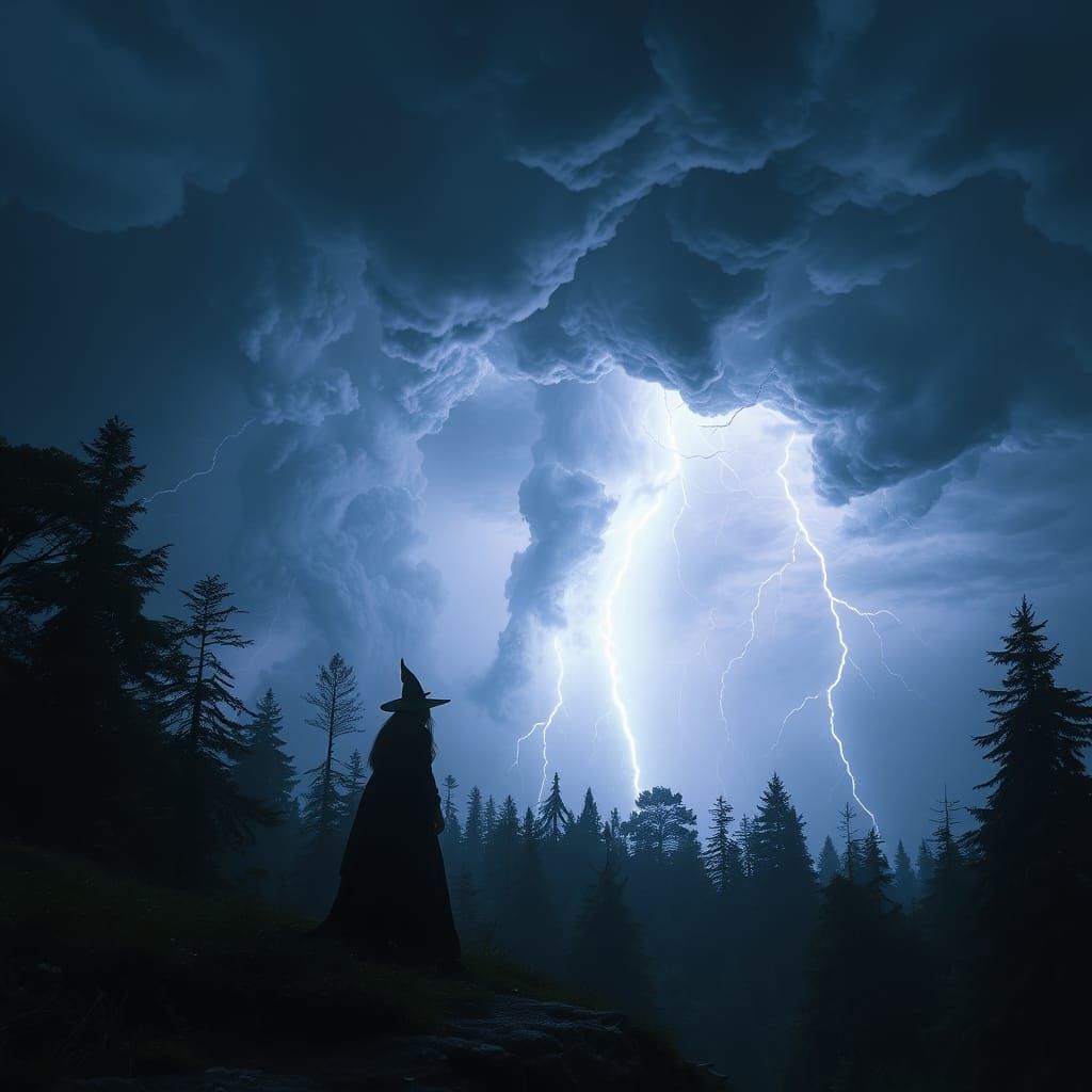 Synthwave Witch Watches Impending Thunderstorm
