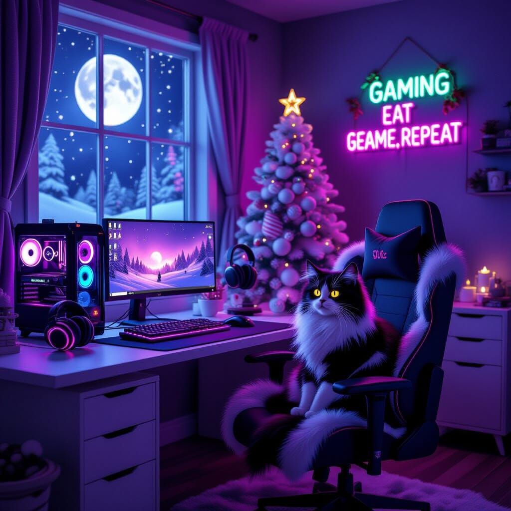 Cozy Cyberpunk Gaming Room with Snowy View