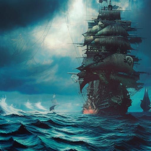 Pirate Ship Navigating Strange Ocean in Brutalist Style