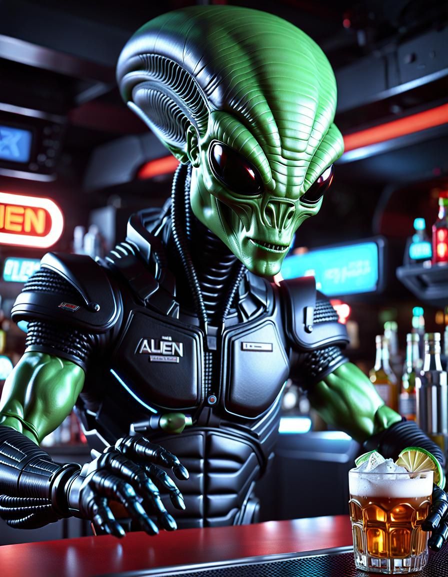 Retro Sci-Fi Alien Bartender Portrait in 1980s Style
