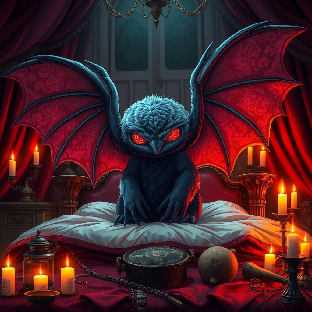 Mothman Plushie on Gothic Bed in Anime Style