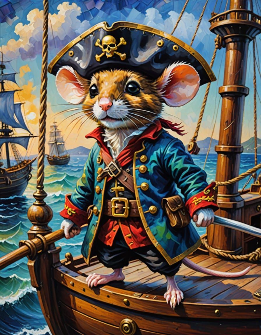 Rich Pirate Mouse Aboard Ship in Neo-Impressionist Style
