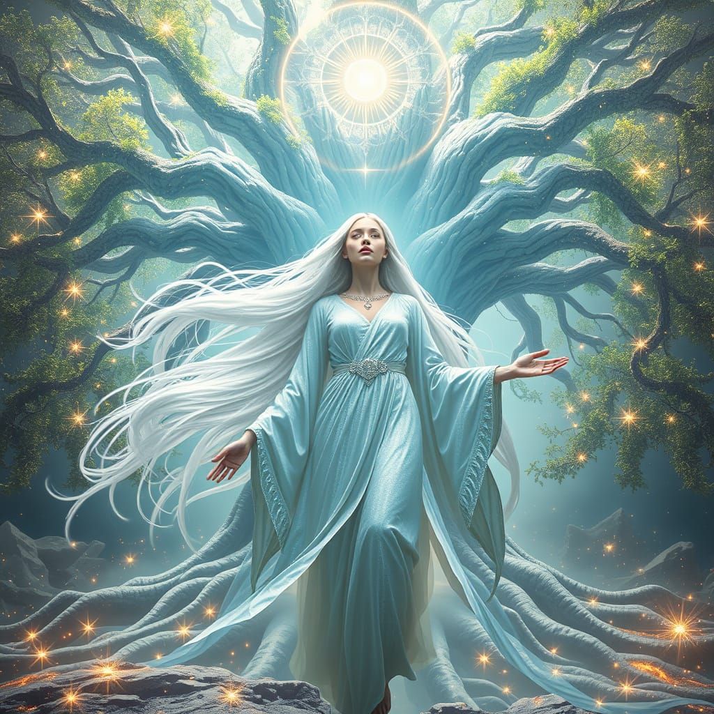 Celestial Goddess and Tree of Life in Psychedelic Style