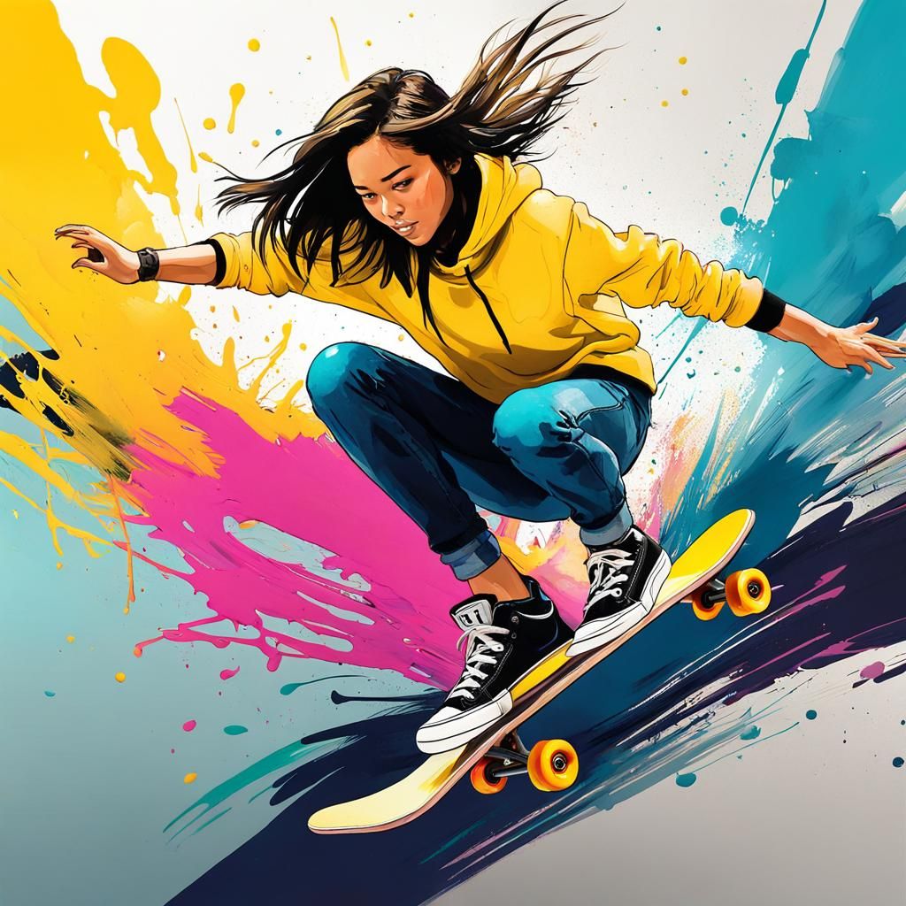 Hawk-Headed Skater Girl in Abstract Splash Art