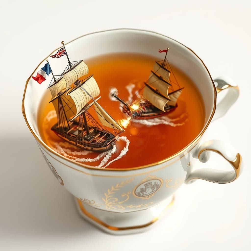 18th Century Naval Battle in a Whimsical Teacup Scene
