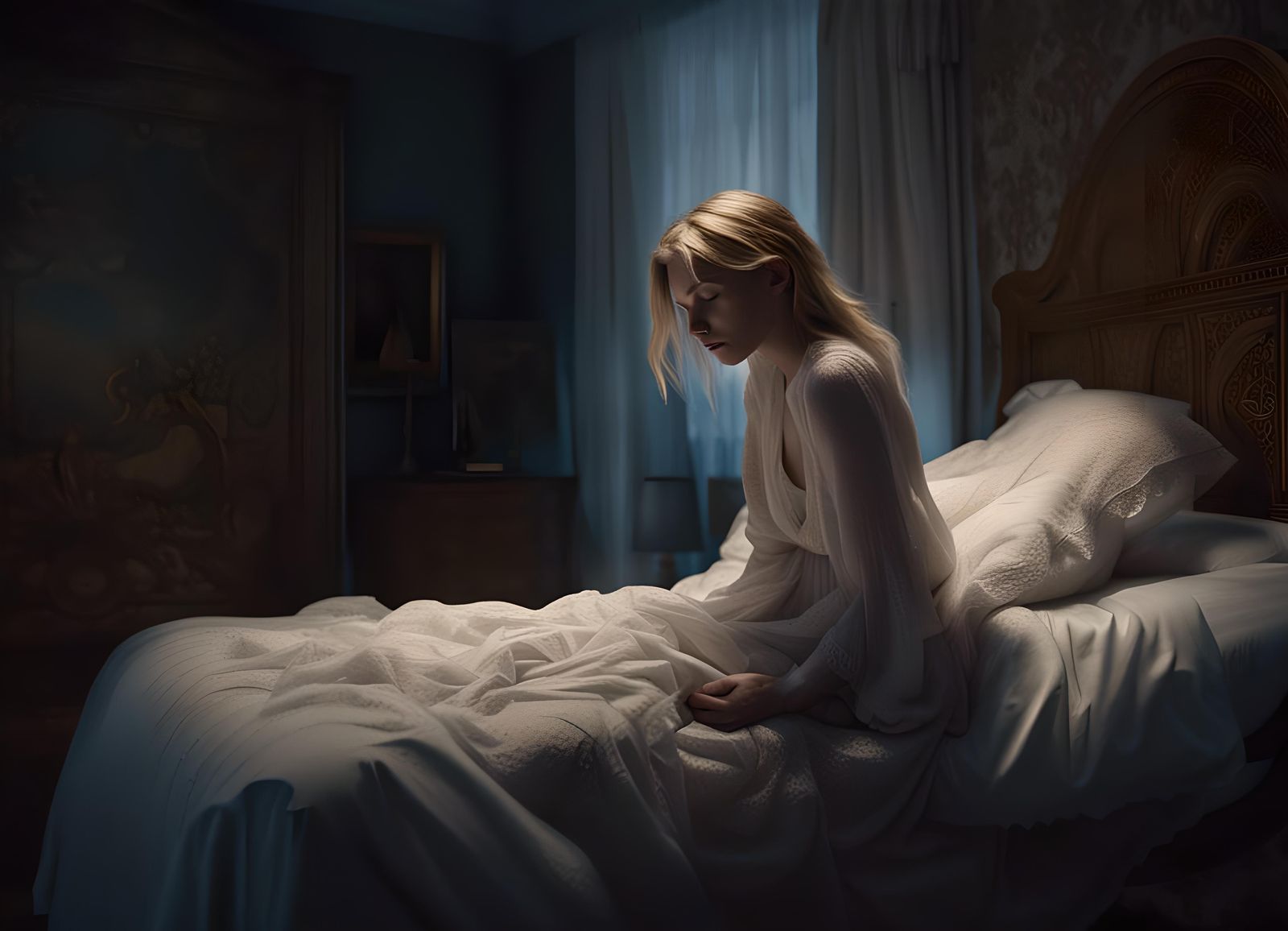 Ethereal Girl Levitating in Shadowy Room