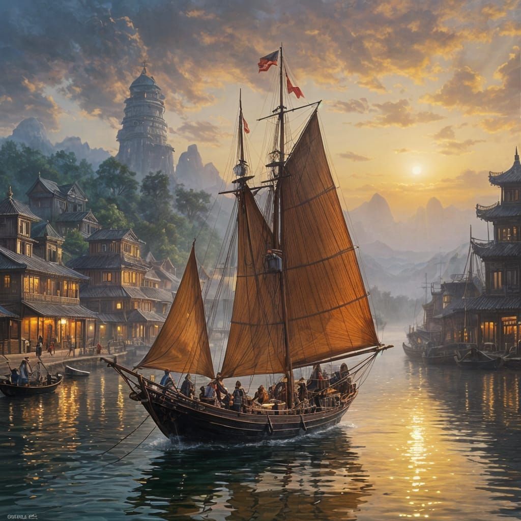 Chinese Junk Sailing into Harbor, 1850s Marina Scene