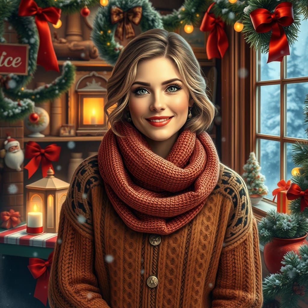 Nostalgic Christmas Scene with Cozy Woman
