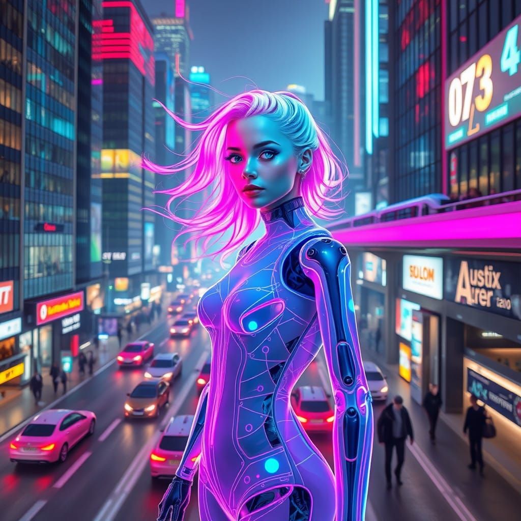 Futuristic Neon Hologram Woman Dominates City Street in Cybe...