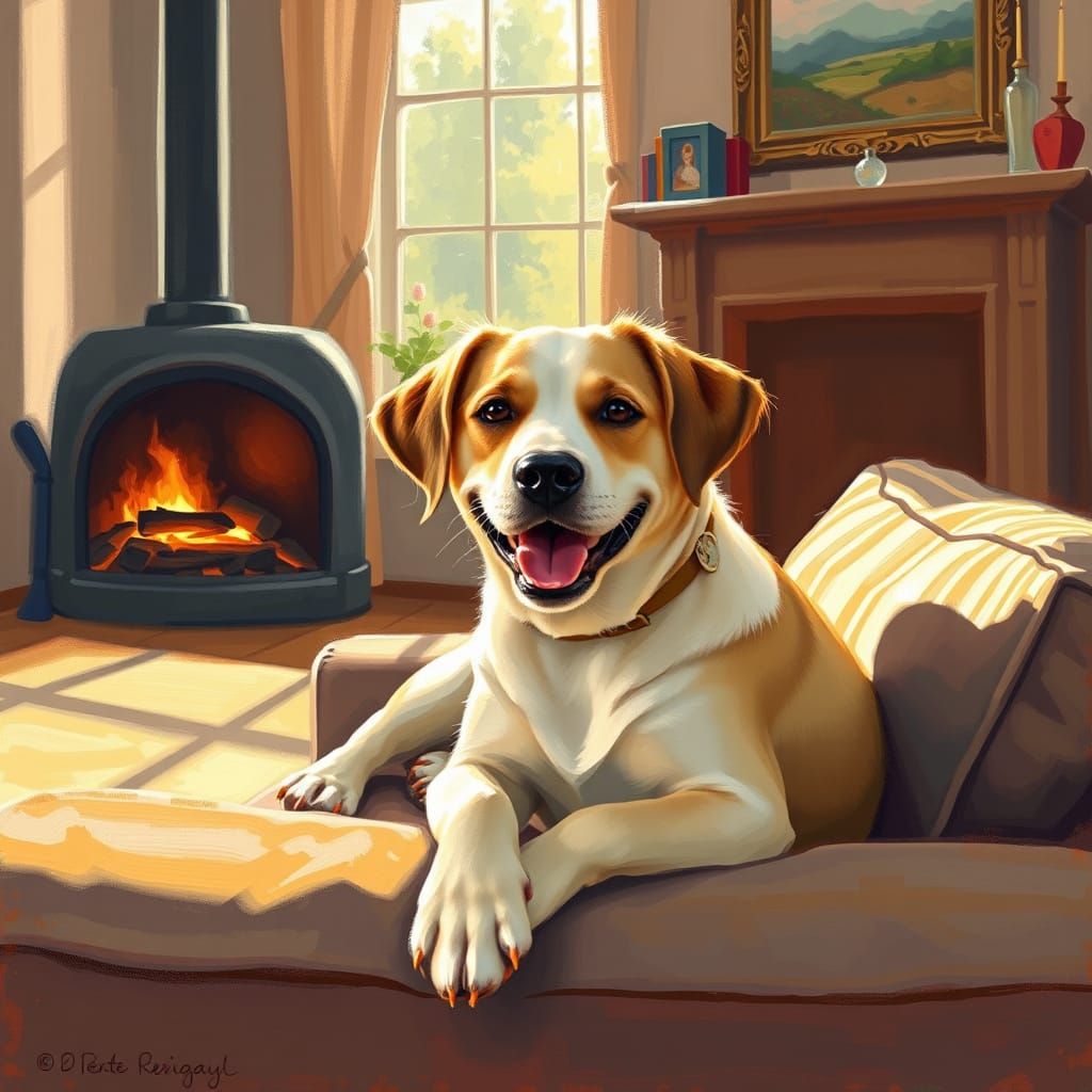 A Happy Golden Retriever in Cozy Impressionistic Style