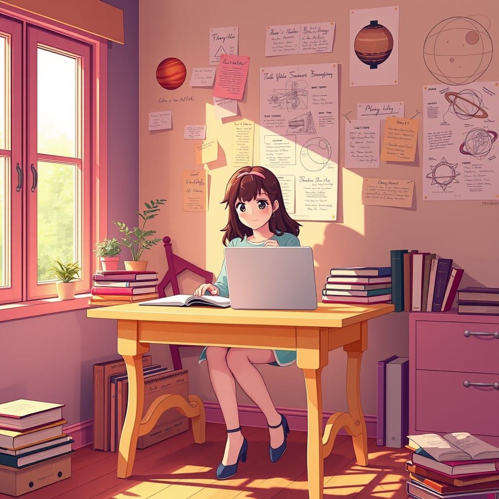 Pastel Anime Study Desk with Astronomy Theme