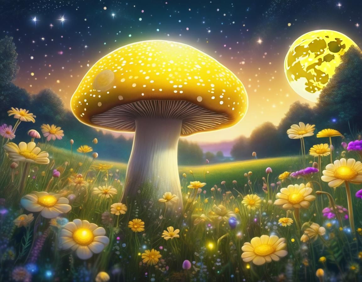 Cute Mushroom Looks Up at the Moon in Whimsical Style
