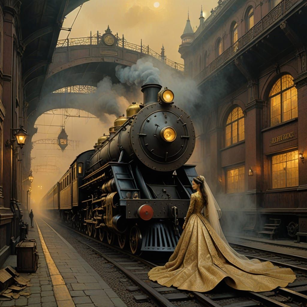 Elegant Victorian-Inspired Wedding Gown with Brass Locomotiv...
