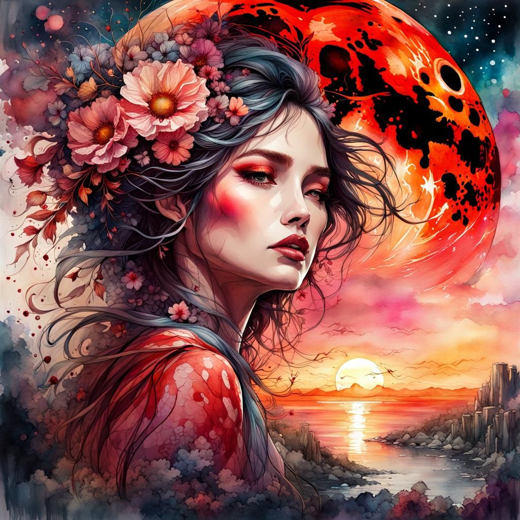 Bloodmoon Summerscape Sunset in Digital Watercolor Style