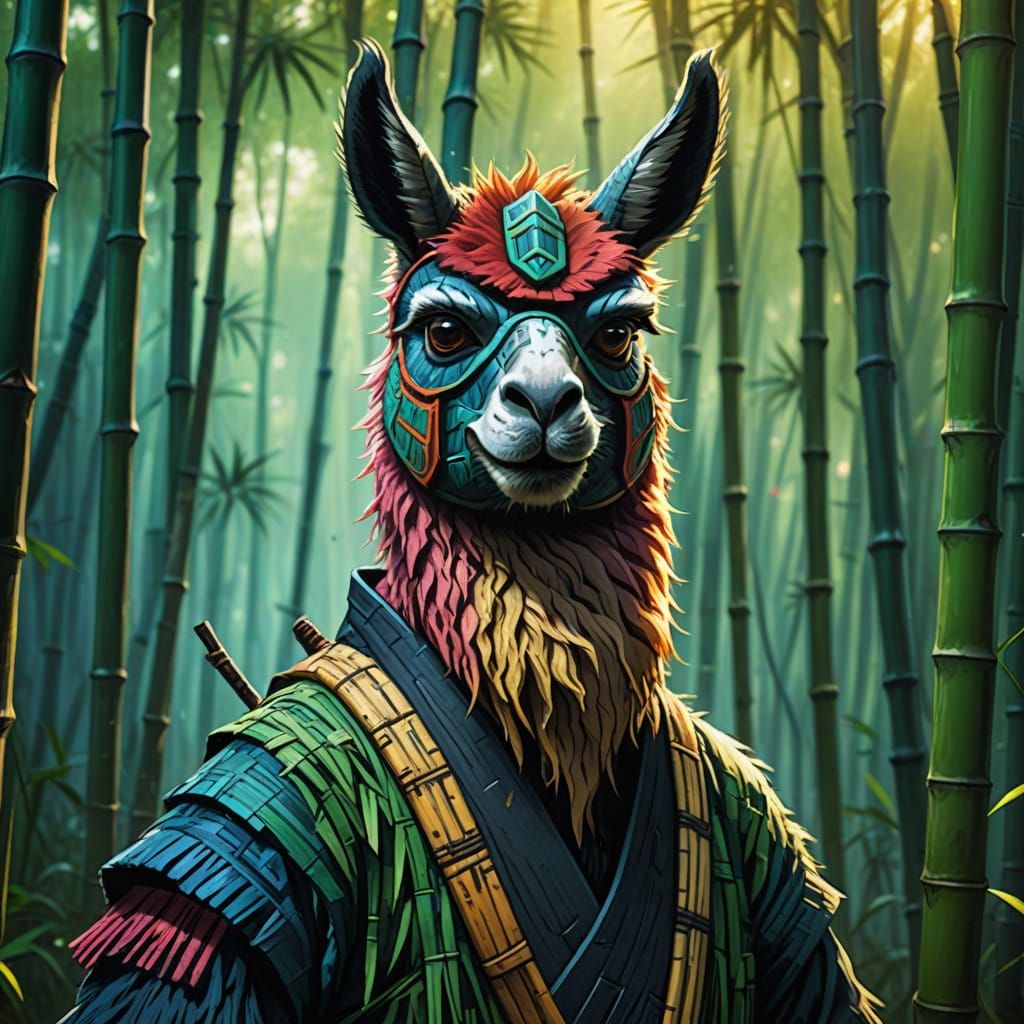 Ninja Llama in Bamboo Forest: Digital Concept Art