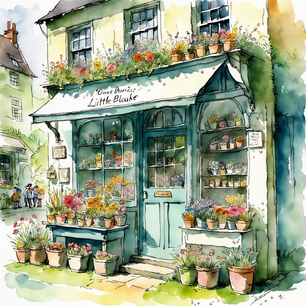 Delicate Village Flower Shop in Whimsical Watercolour Style