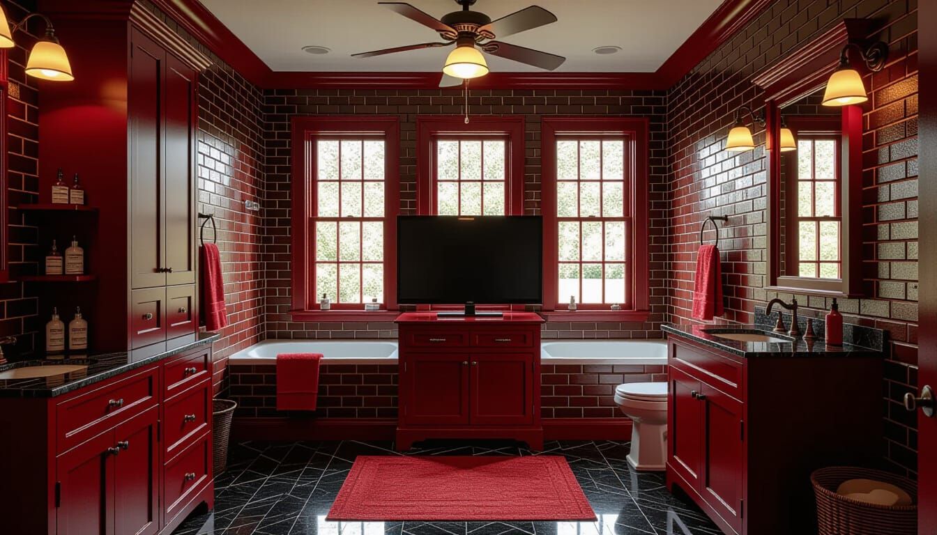 Victorian Bathroom in Dark Red and Brick