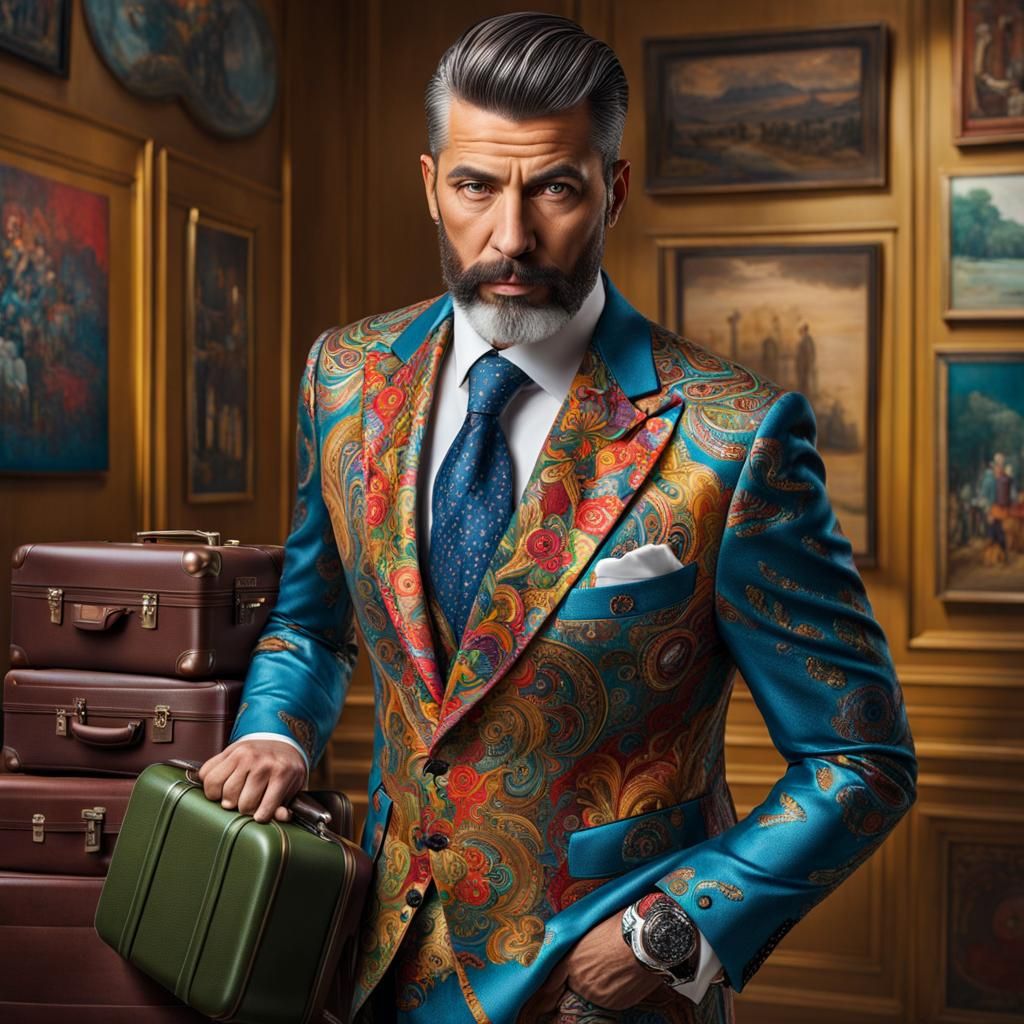 Hyperrealistic Man in Colorful Suit, Office Setting