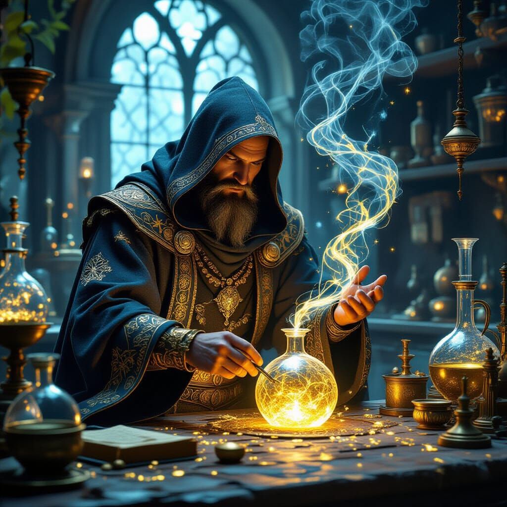 Alchemist transforming materials through magical chemistry; ...