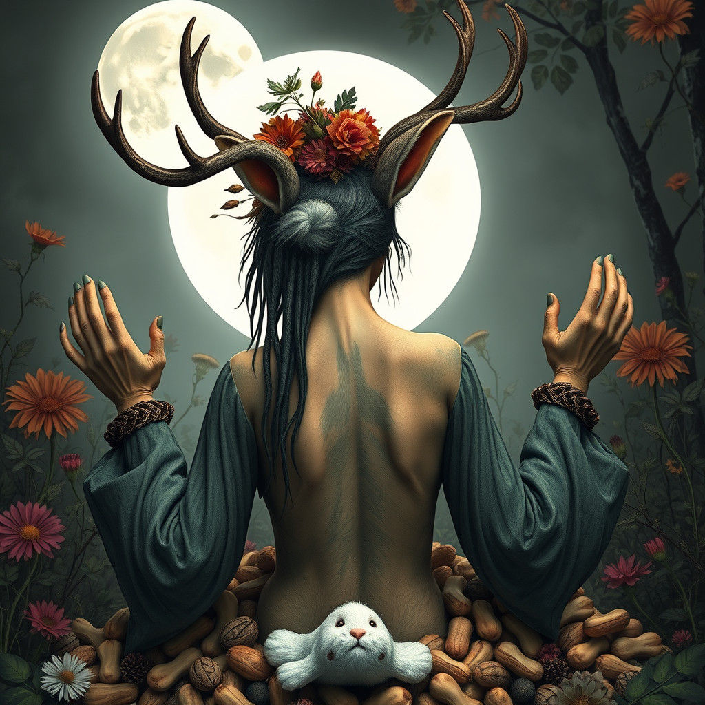 Hedge Witch with Antlers in Moonlit Woodland