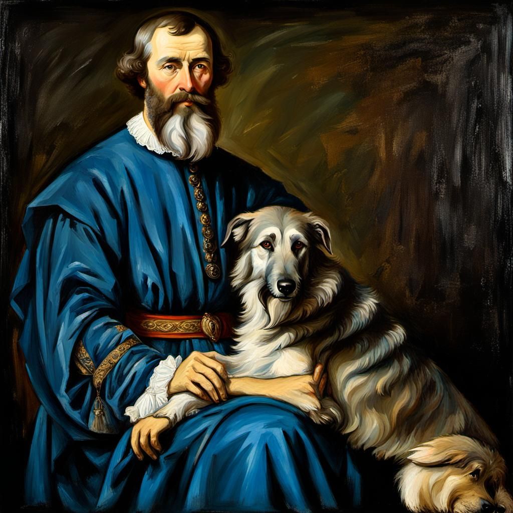 Nobleman with Wolfhound in Titian Style Painting