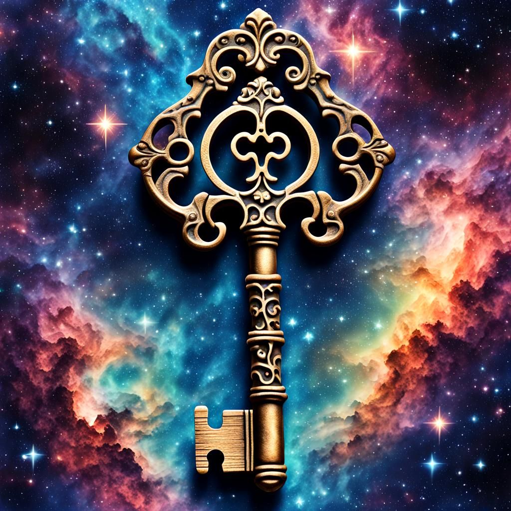 Ornate Skeleton Key on Galaxy Background in Oil Paint