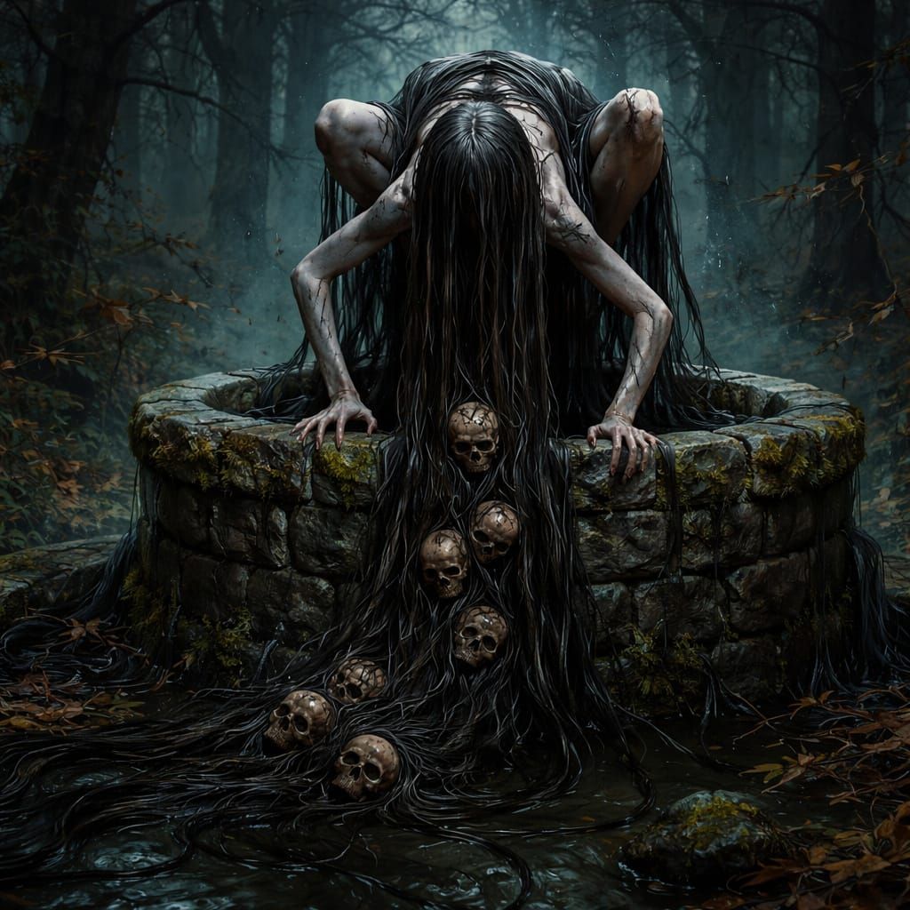 Gothic Fantasy Art of Woman Climbing from Well