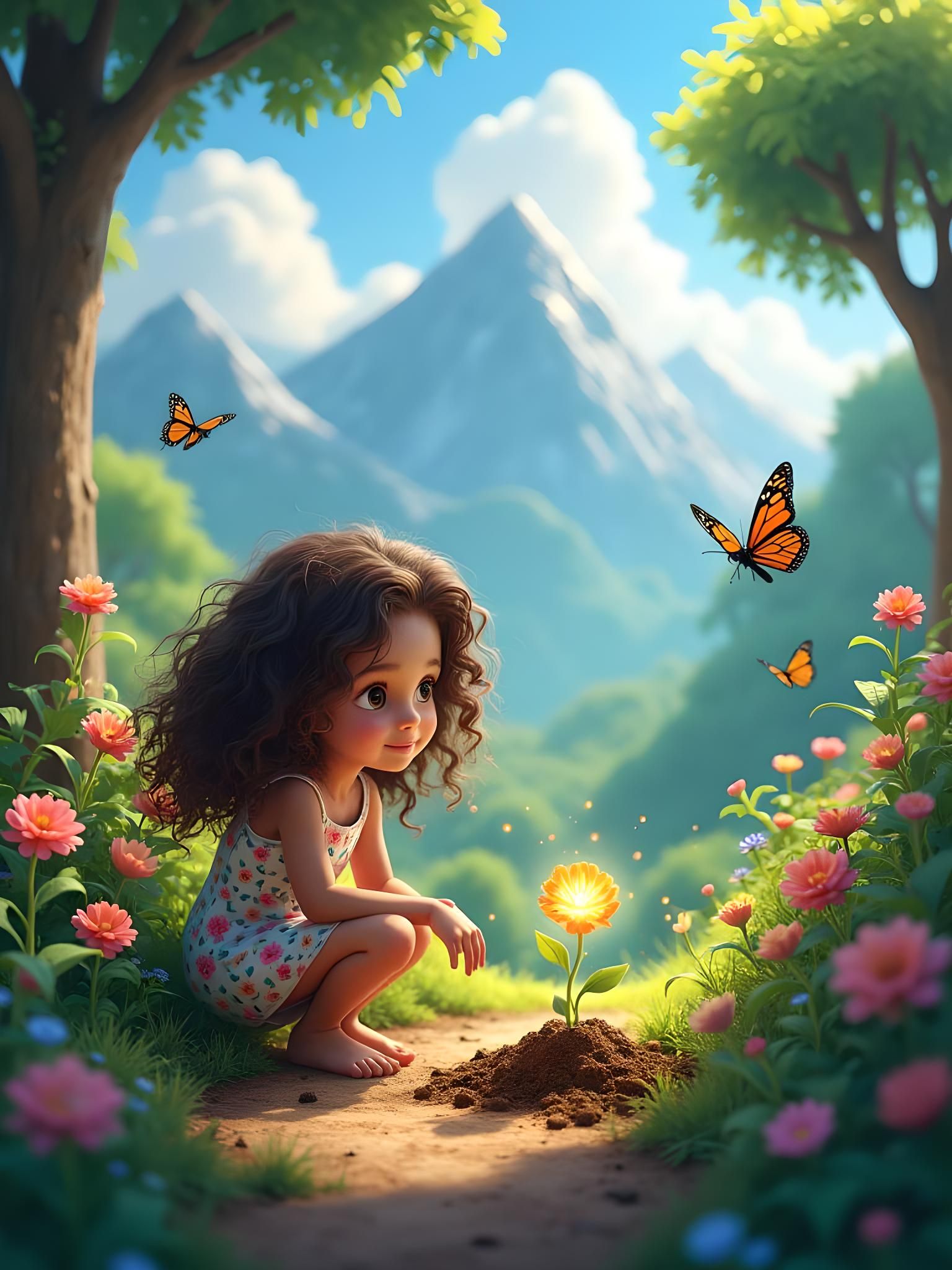 Animated Girl Planting Seed with Butterflies in Fantasy Art