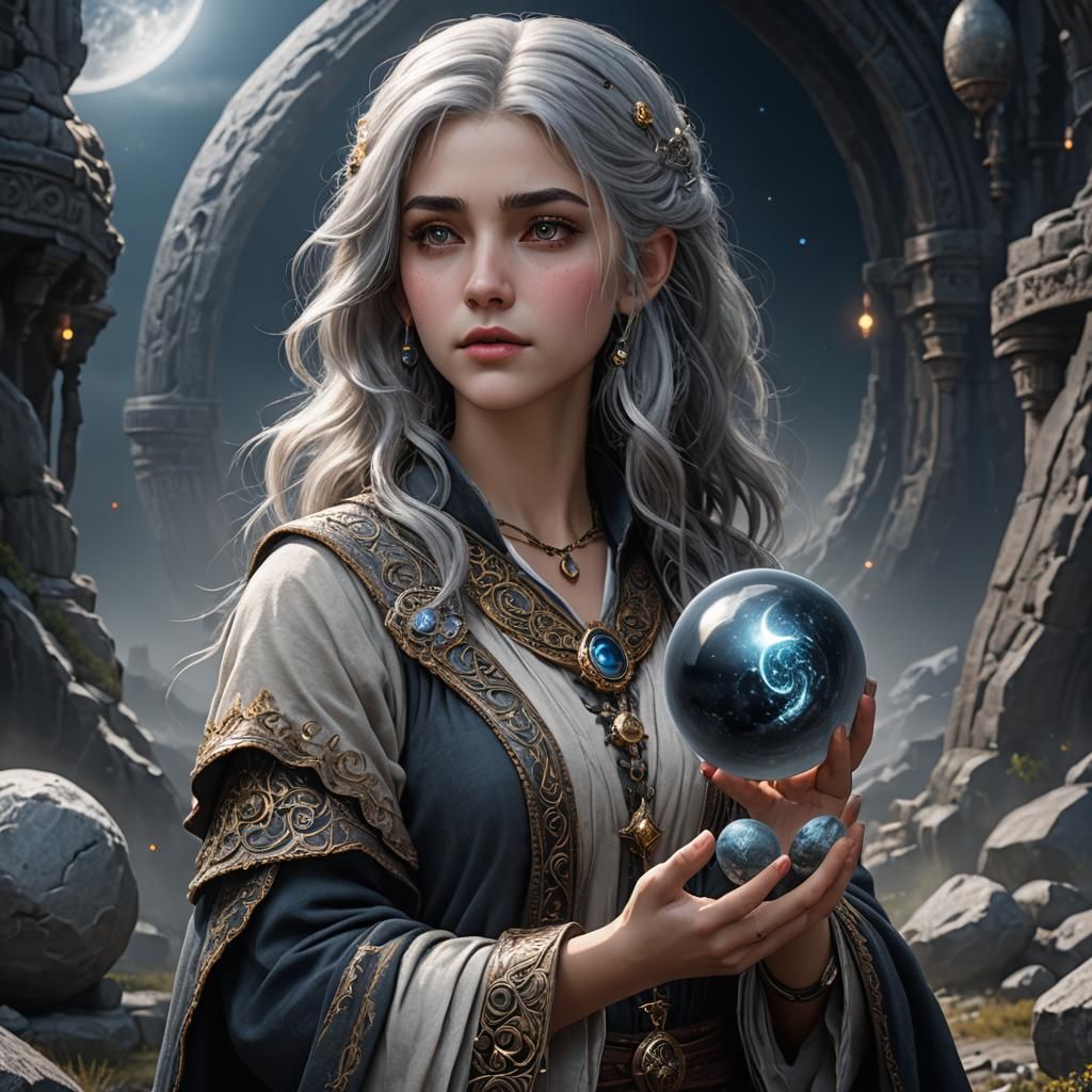 European Girl Holding Moonstone in Detailed Digital Art