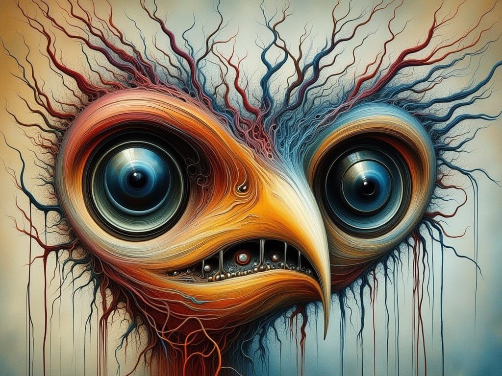 Bizarre Bird with Large Eyes: Surreal Watercolor Masterpiece