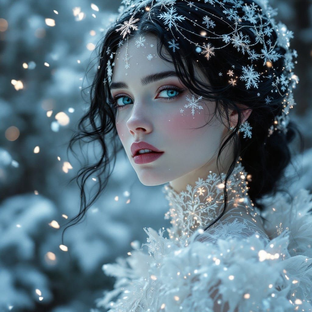 Ethereal Winter Woman in Snowflake Gown