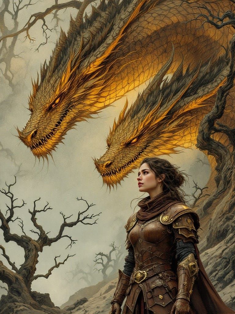 Young Woman Faces Three Headed Dragon in Rackham-Inspired Il...