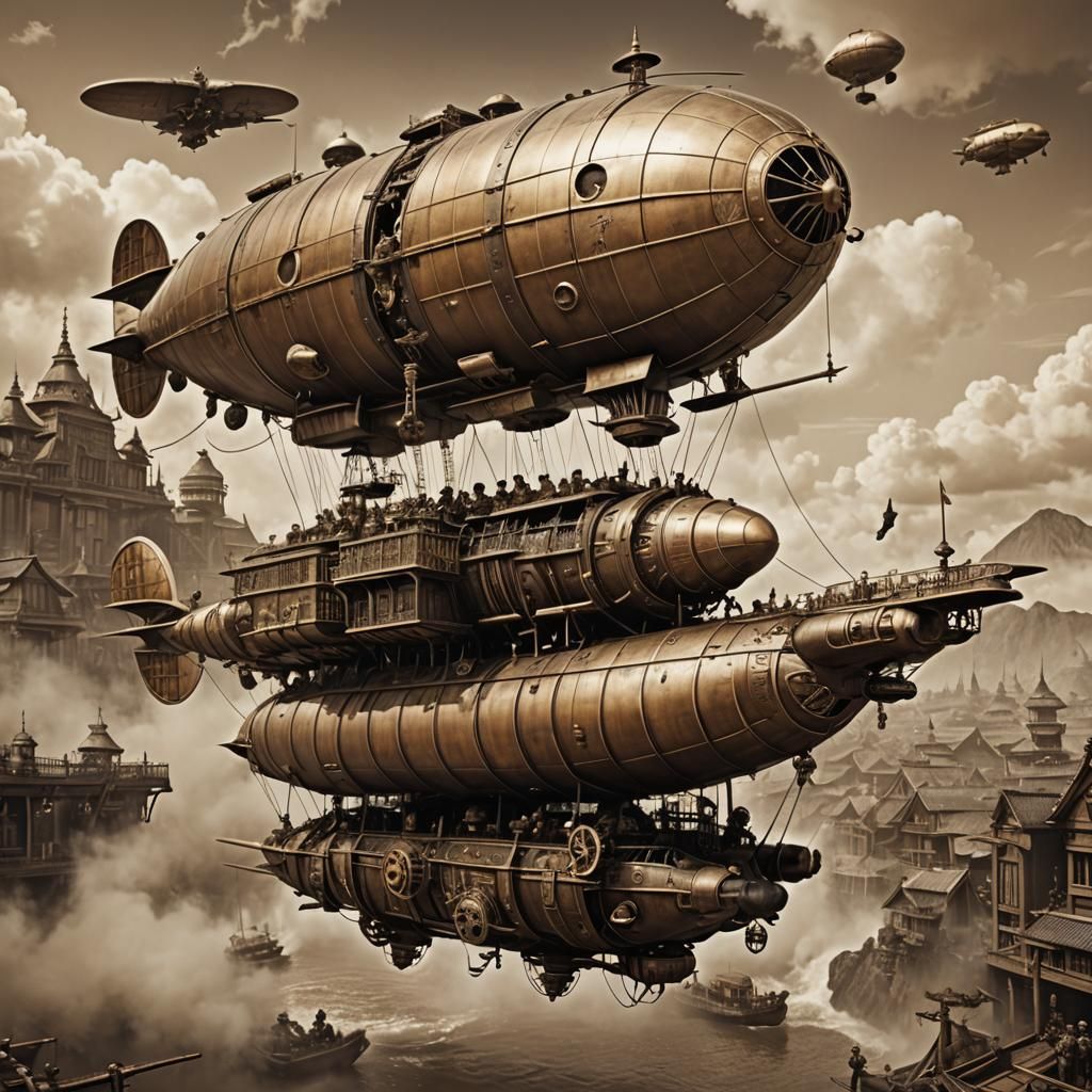 Steampunk Zeppelin Piloted by Samurai: Sepia Tone