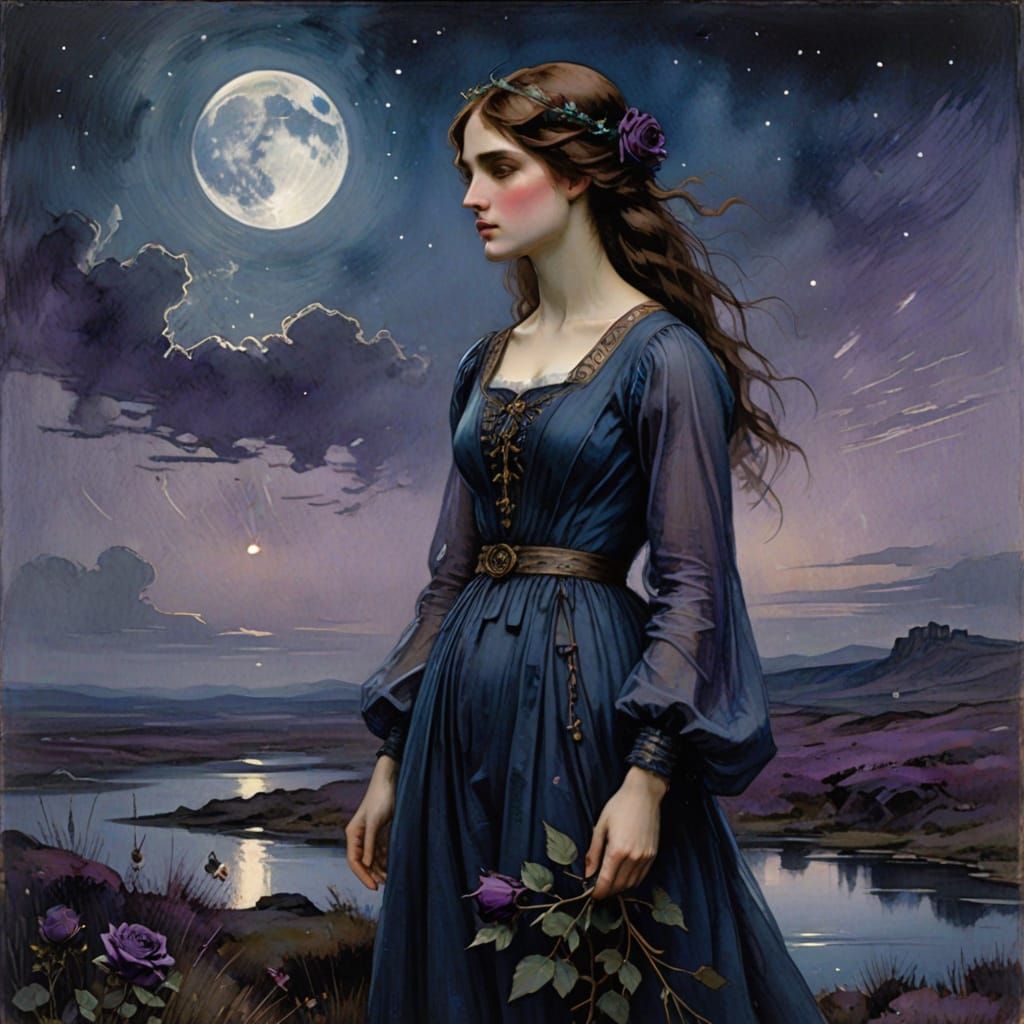 Victorian Lady Gazes at Moonlit Nebulae in Watercolor