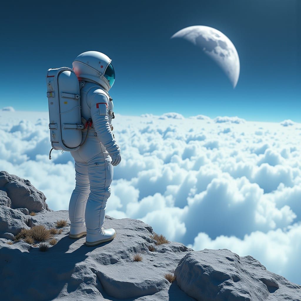 Futuristic Astronaut Observes Earth in 3D Sci-Fi Landscape