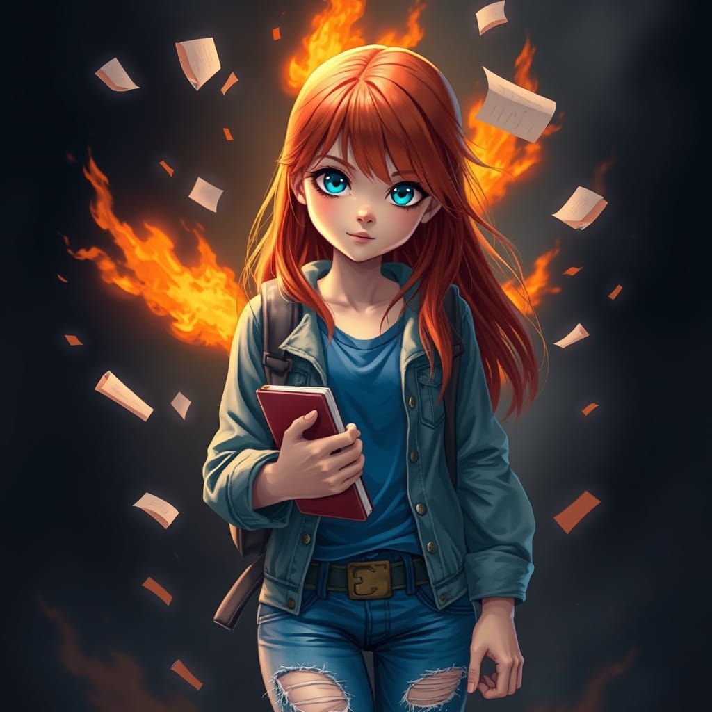 Young Girl Amidst Flames and Chaos in Detailed Fantasy Art