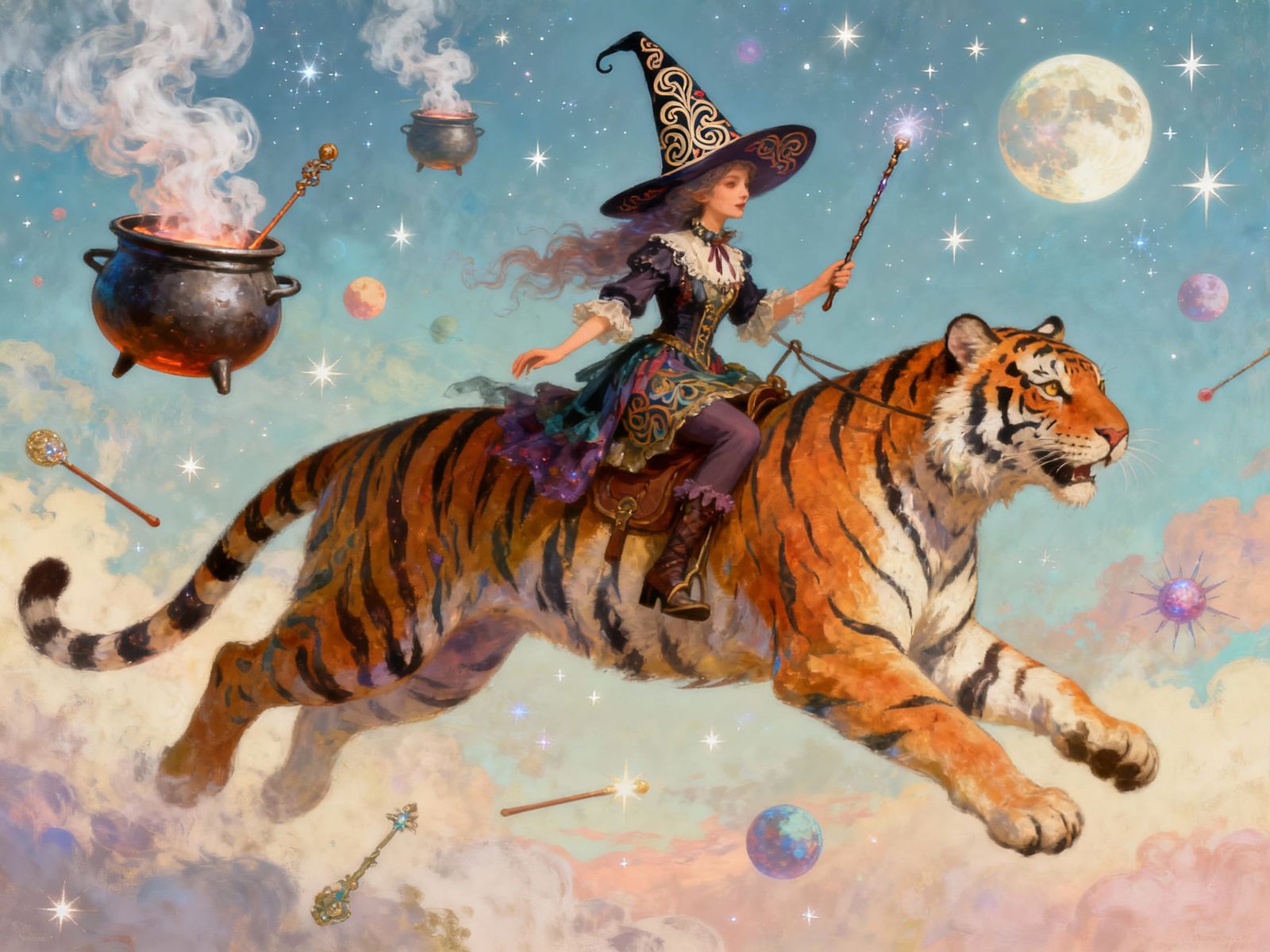 Eccentric Witch Rides Tiger Through Surreal Dreamscape