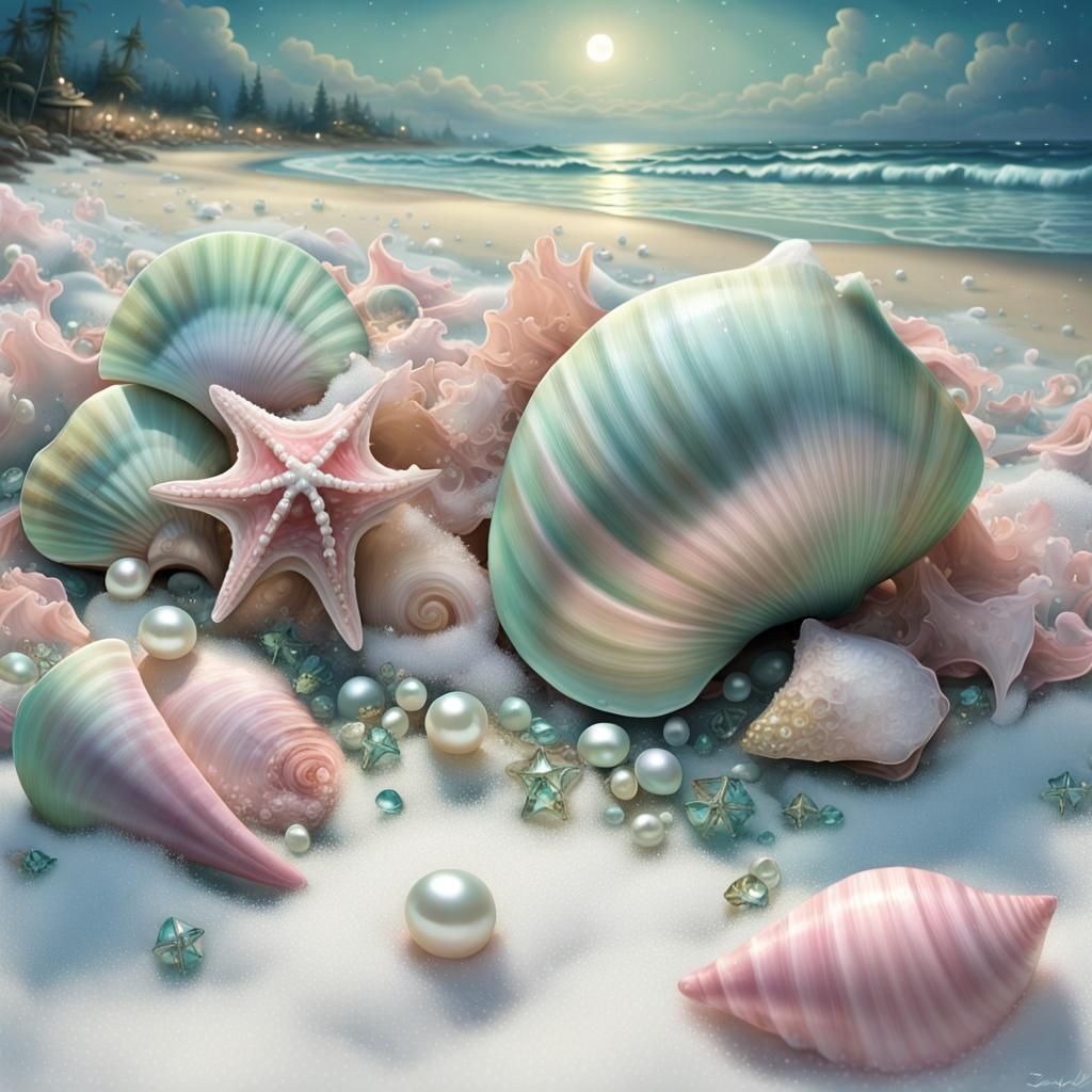 Moonlit Beach with Shells in Graffiti Art Style