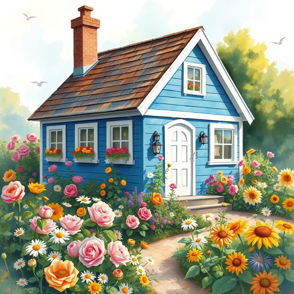 Whimsical Cottage Garden in Impressionist Style