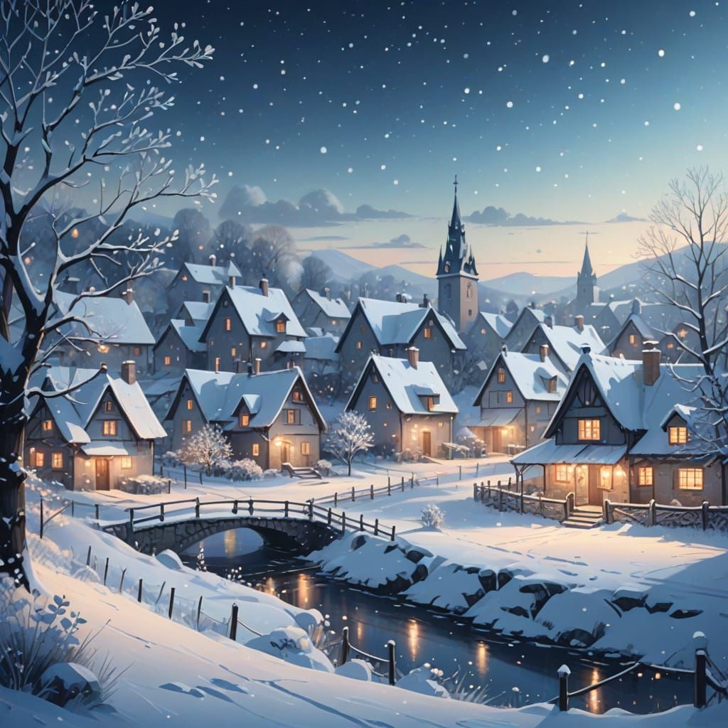 Tranquil Winter Village in Ethereal Snowfall