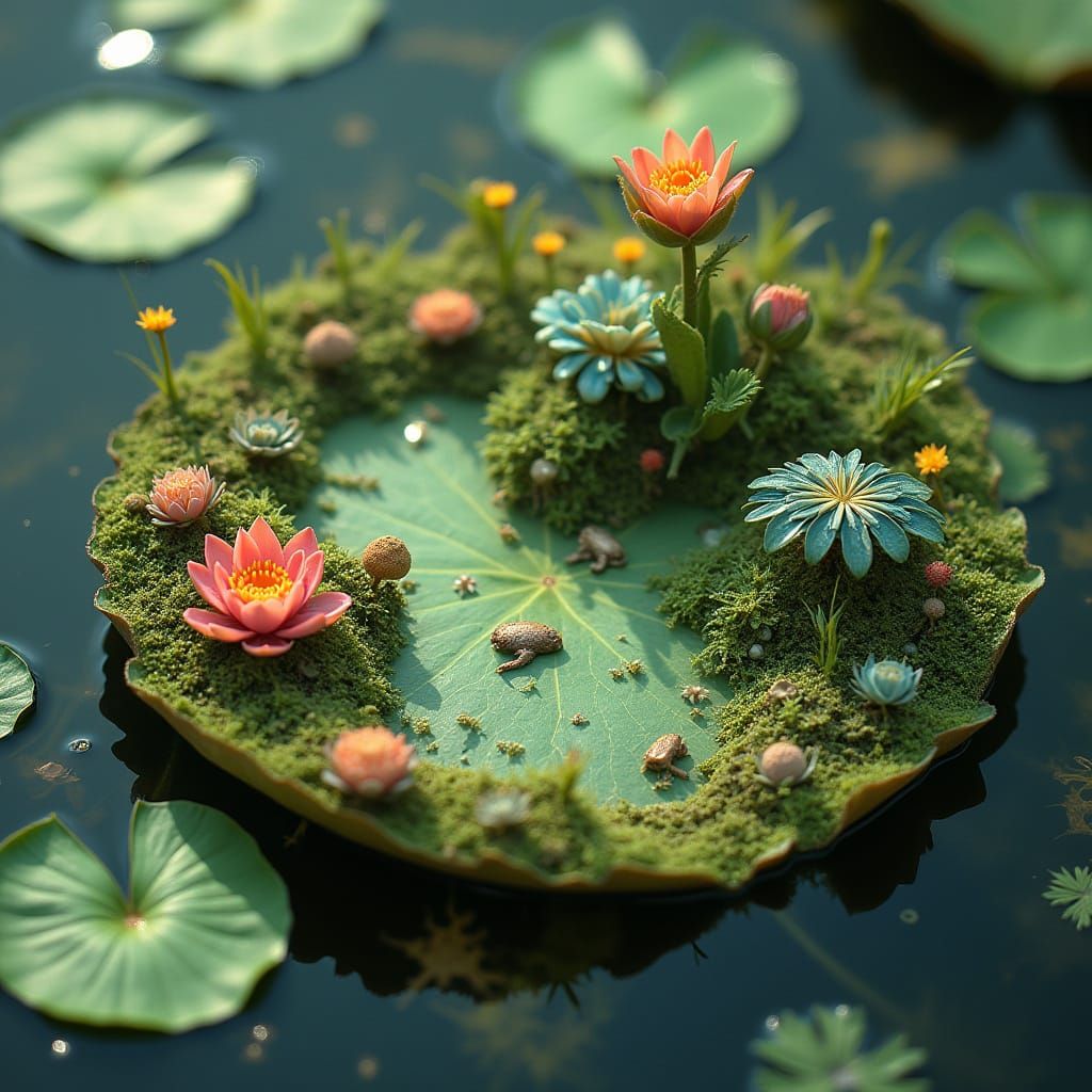Whimsical Water Lily Ecosystem in Dreamlike Detail