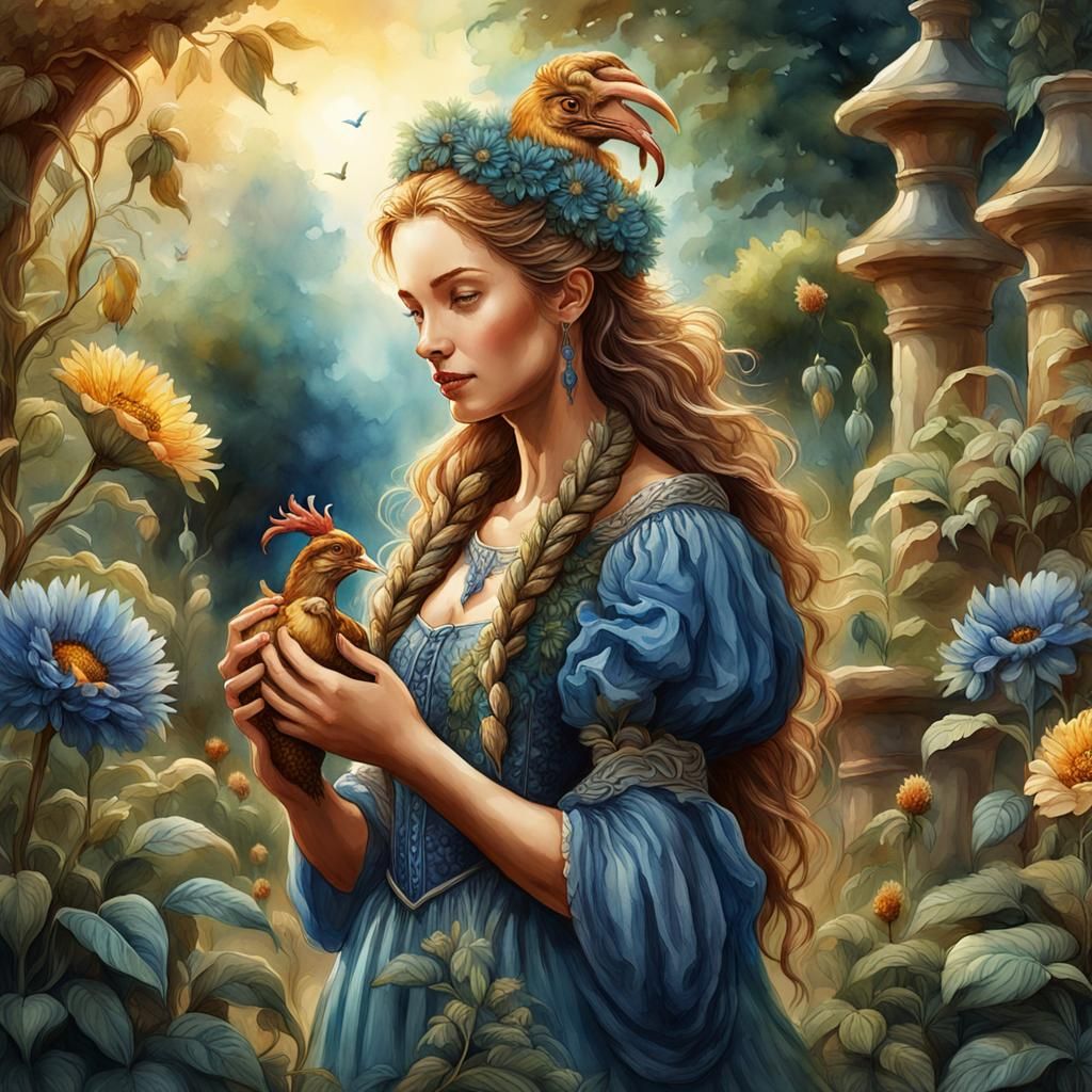 Hen with Earthworm in Garden, Watercolor Oil Style