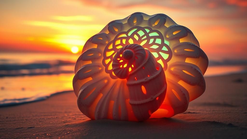 Luminescent Seashell Mandala on Sunset Beach