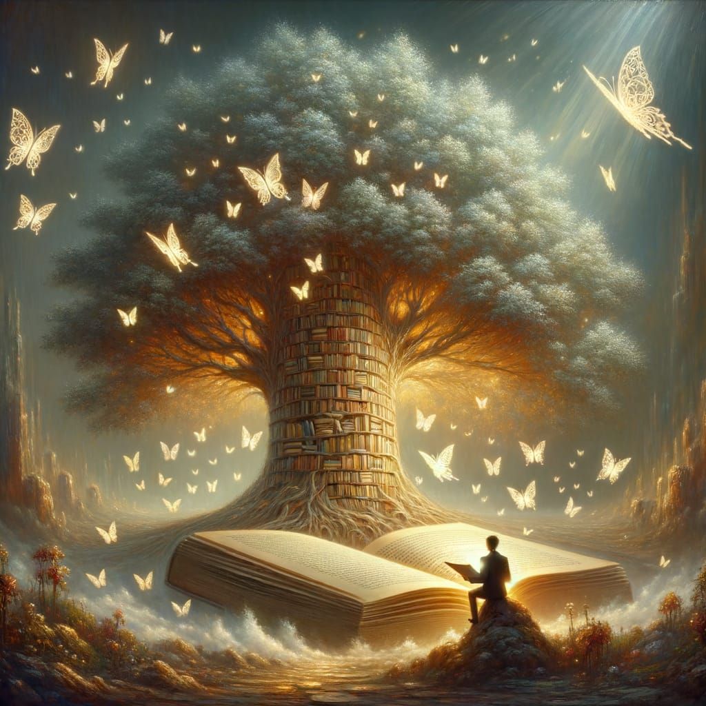 Colossal Book Tree in Dreamlike Sci-Fi Realm