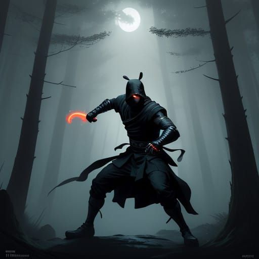 Stealthy Ninja Flips Coin Under Moonlit Forest Canopy